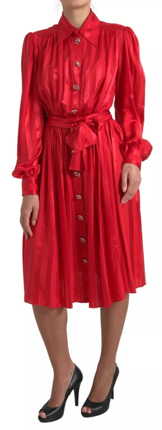 Dolce & Gabbana Red Button Down Belted Midi Satin Silk Dress - SMARTMARTNZ