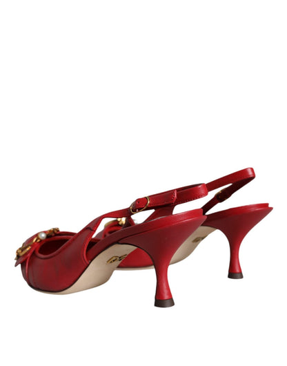 Dolce & Gabbana Red Devotion Leather Heels Slingback Shoes - SMARTMARTNZ