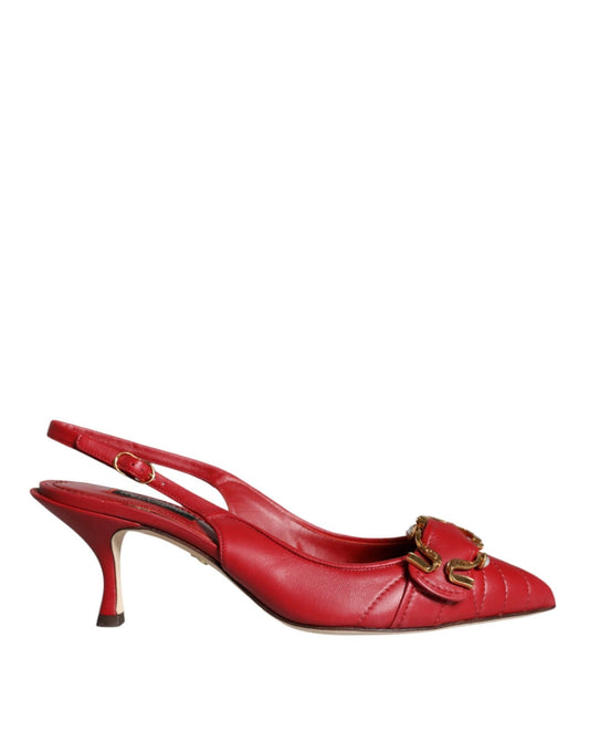 Dolce & Gabbana Red Devotion Leather Heels Slingback Shoes - SMARTMARTNZ