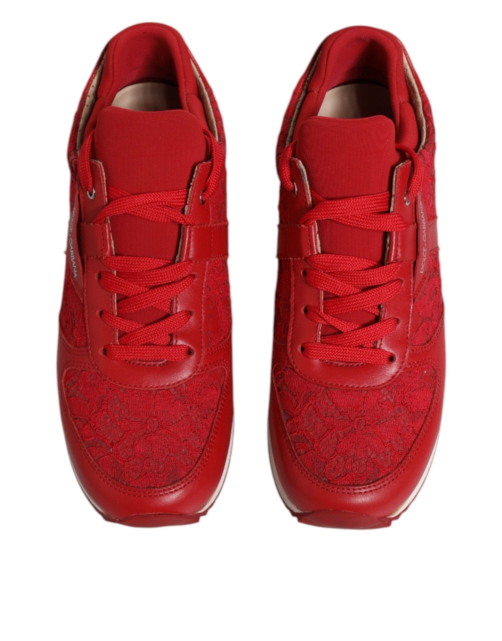 Dolce & Gabbana Red Floral Lace Leather Sneakers Shoes - SMARTMARTNZ