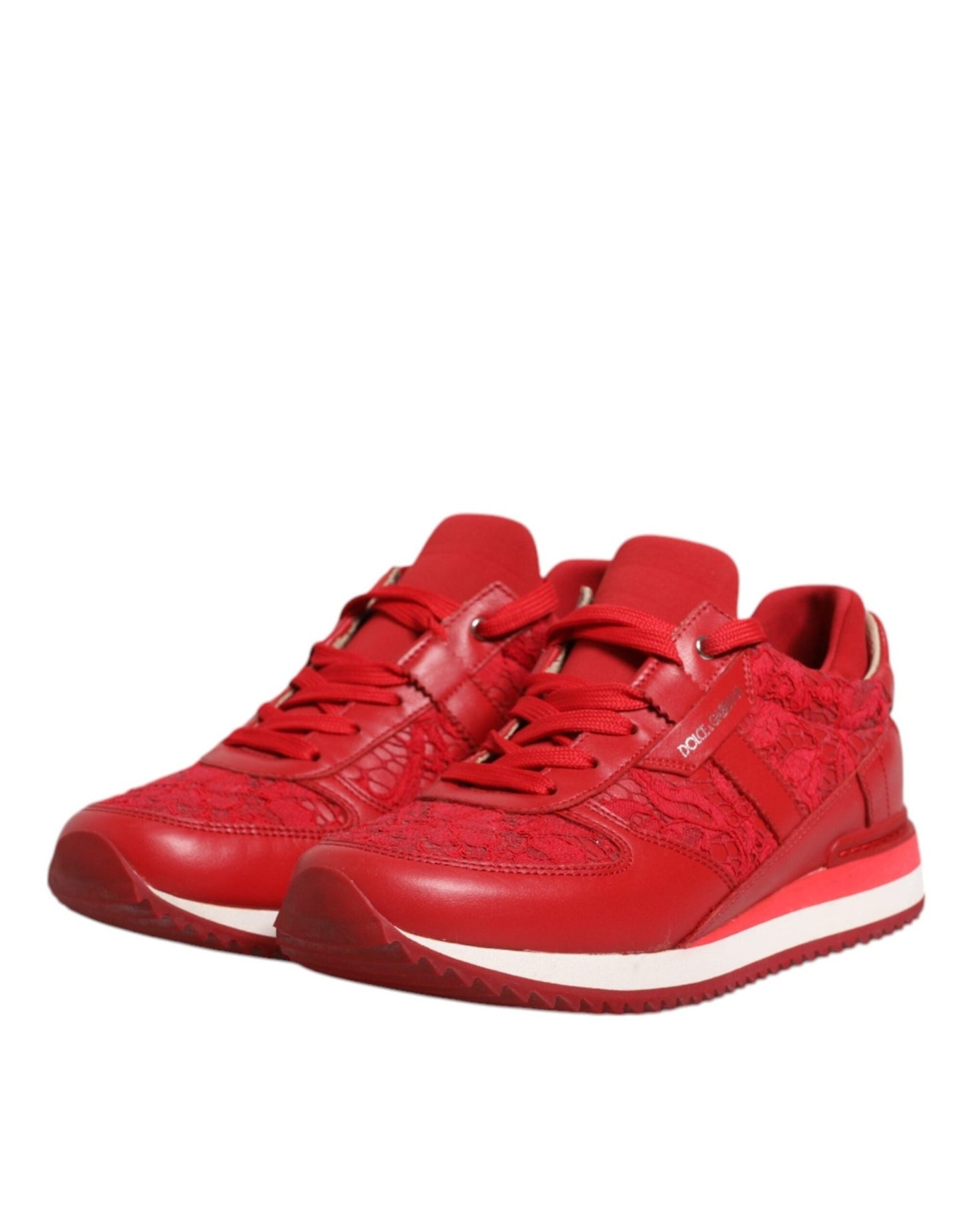 Dolce & Gabbana Red Floral Lace Leather Sneakers Shoes - SMARTMARTNZ