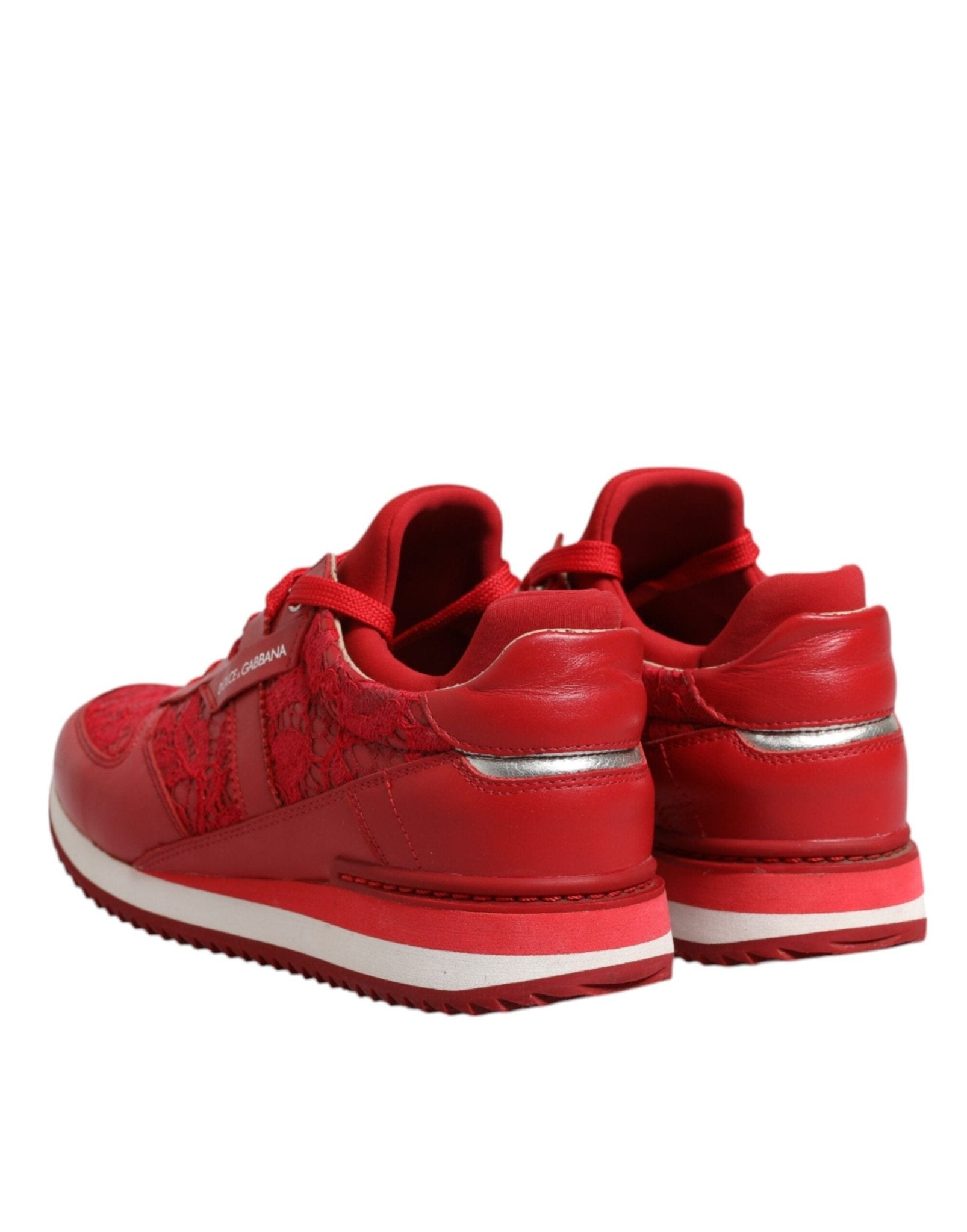 Dolce & Gabbana Red Floral Lace Leather Sneakers Shoes - SMARTMARTNZ
