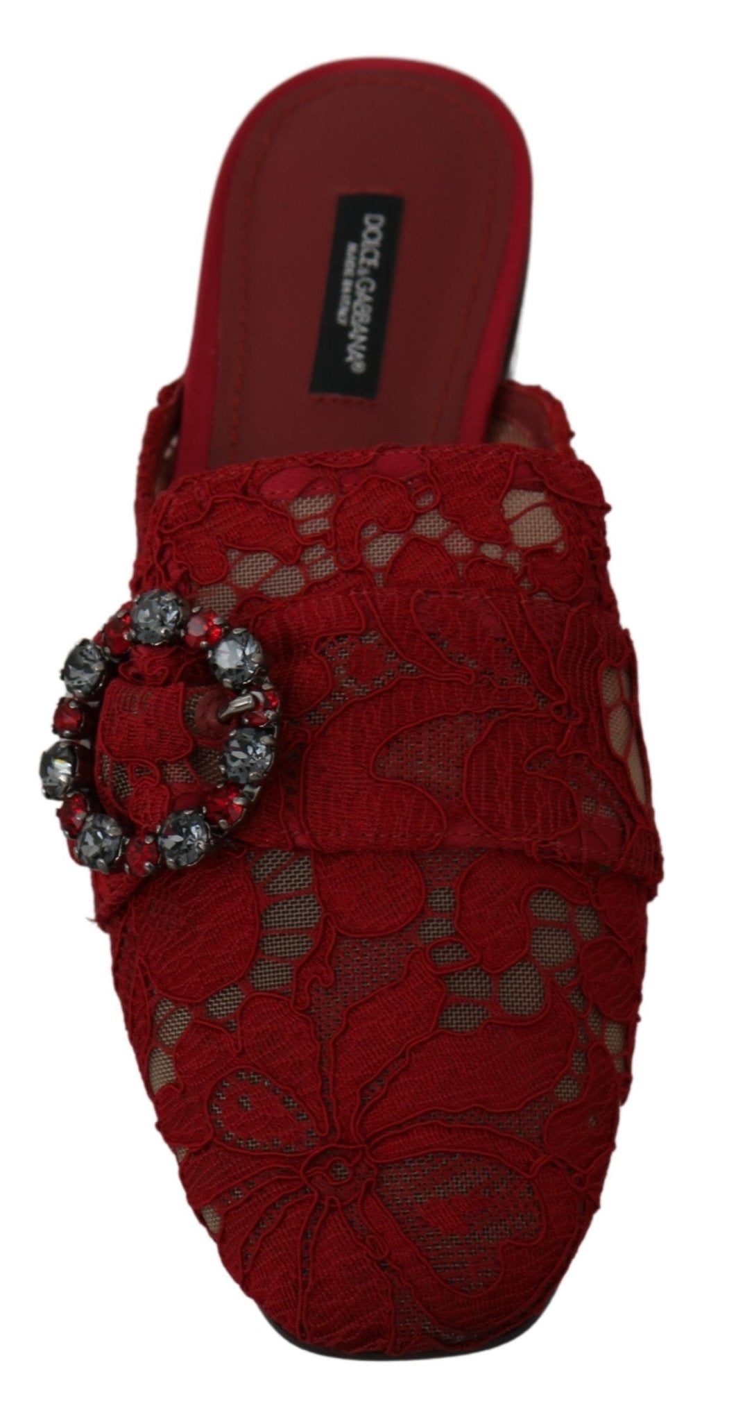 Dolce & Gabbana Red Lace Crystal Slide On Flats Shoes - SMARTMARTNZ