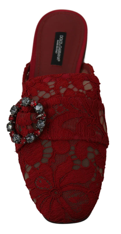 Dolce & Gabbana Red Lace Crystal Slide On Flats Shoes - SMARTMARTNZ
