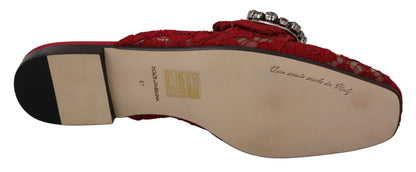 Dolce & Gabbana Red Lace Crystal Slide On Flats Shoes - SMARTMARTNZ