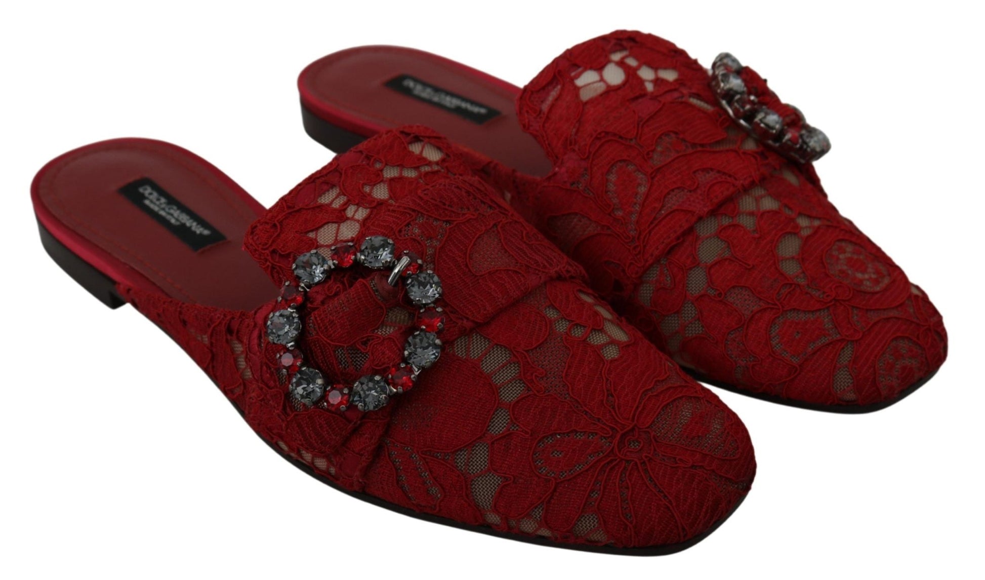 Dolce & Gabbana Red Lace Crystal Slide On Flats Shoes - SMARTMARTNZ