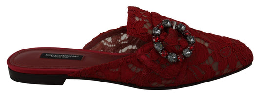Dolce & Gabbana Red Lace Crystal Slide On Flats Shoes - SMARTMARTNZ