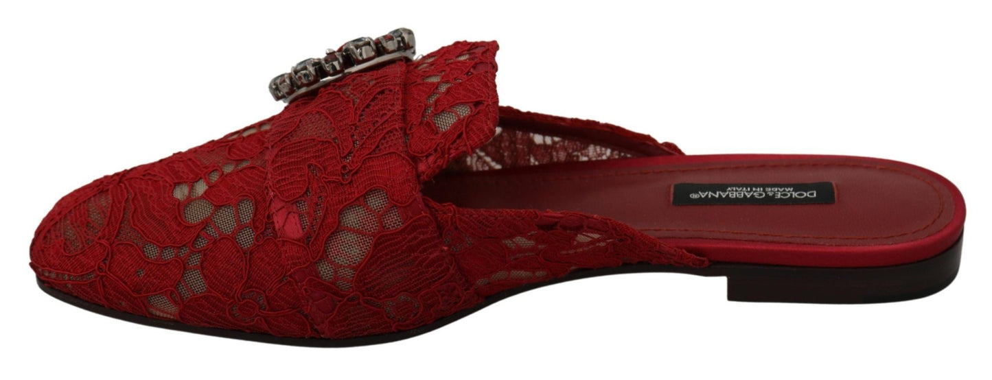 Dolce & Gabbana Red Lace Crystal Slide On Flats Shoes - SMARTMARTNZ