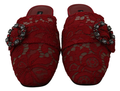 Dolce & Gabbana Red Lace Crystal Slide On Flats Shoes - SMARTMARTNZ