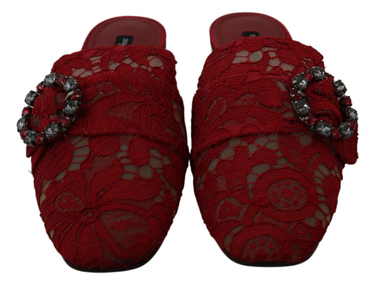 Dolce & Gabbana Red Lace Crystal Slide On Flats Shoes - SMARTMARTNZ