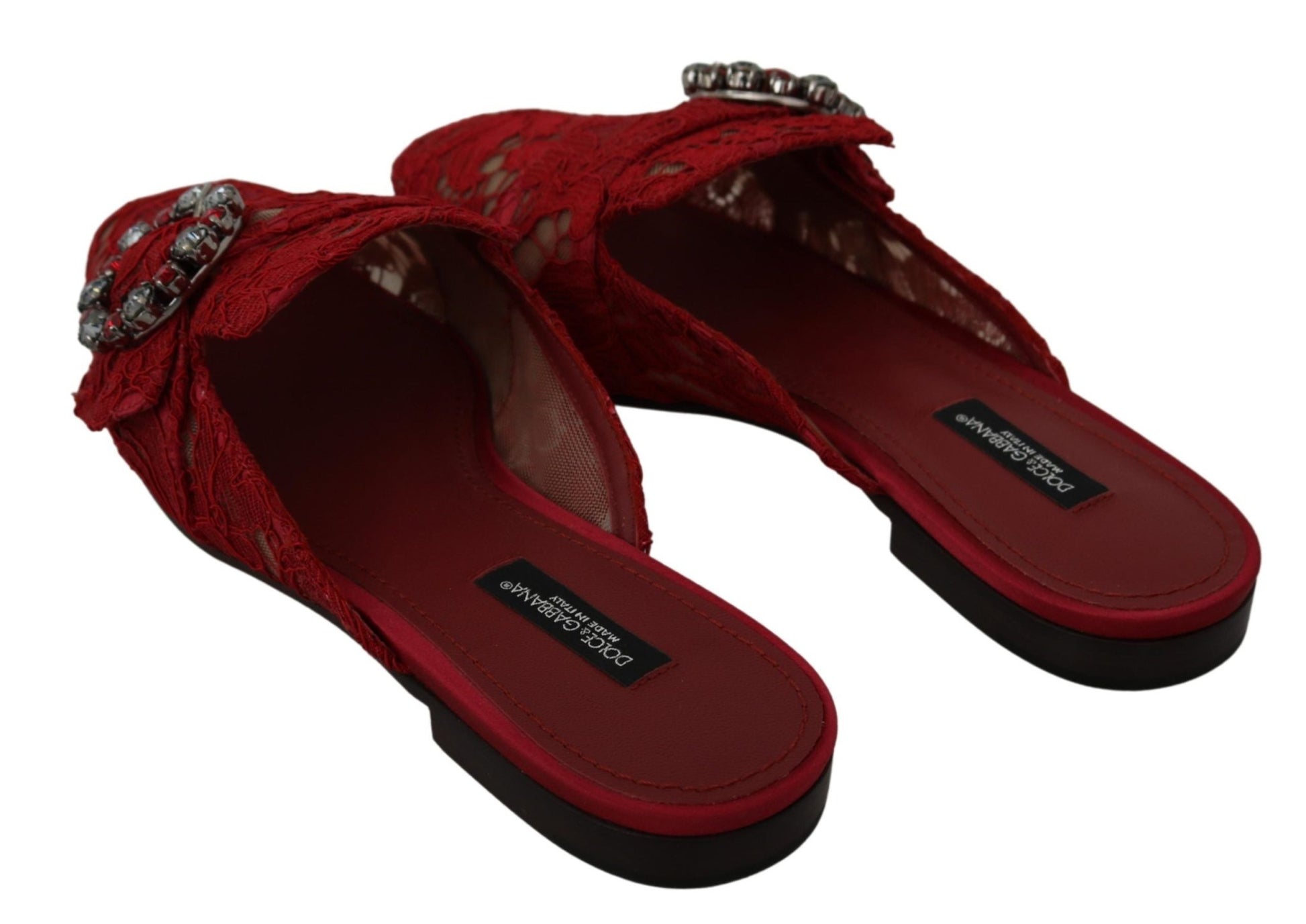 Dolce & Gabbana Red Lace Crystal Slide On Flats Shoes - SMARTMARTNZ