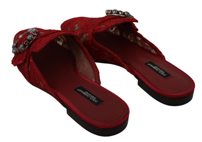 Dolce & Gabbana Red Lace Crystal Slide On Flats Shoes - SMARTMARTNZ