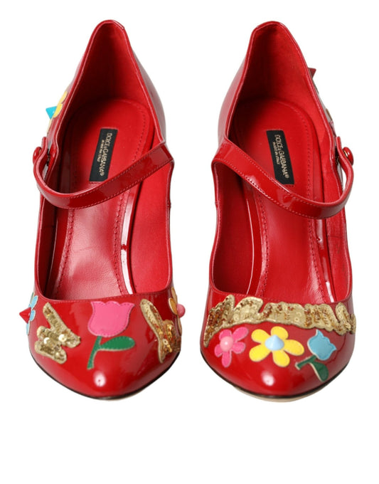 Dolce & Gabbana Red Leather Embellished Mary Jane Pumps Heels Shoes - SMARTMARTNZ