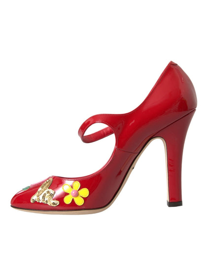 Dolce & Gabbana Red Leather Embellished Mary Jane Pumps Heels Shoes - SMARTMARTNZ
