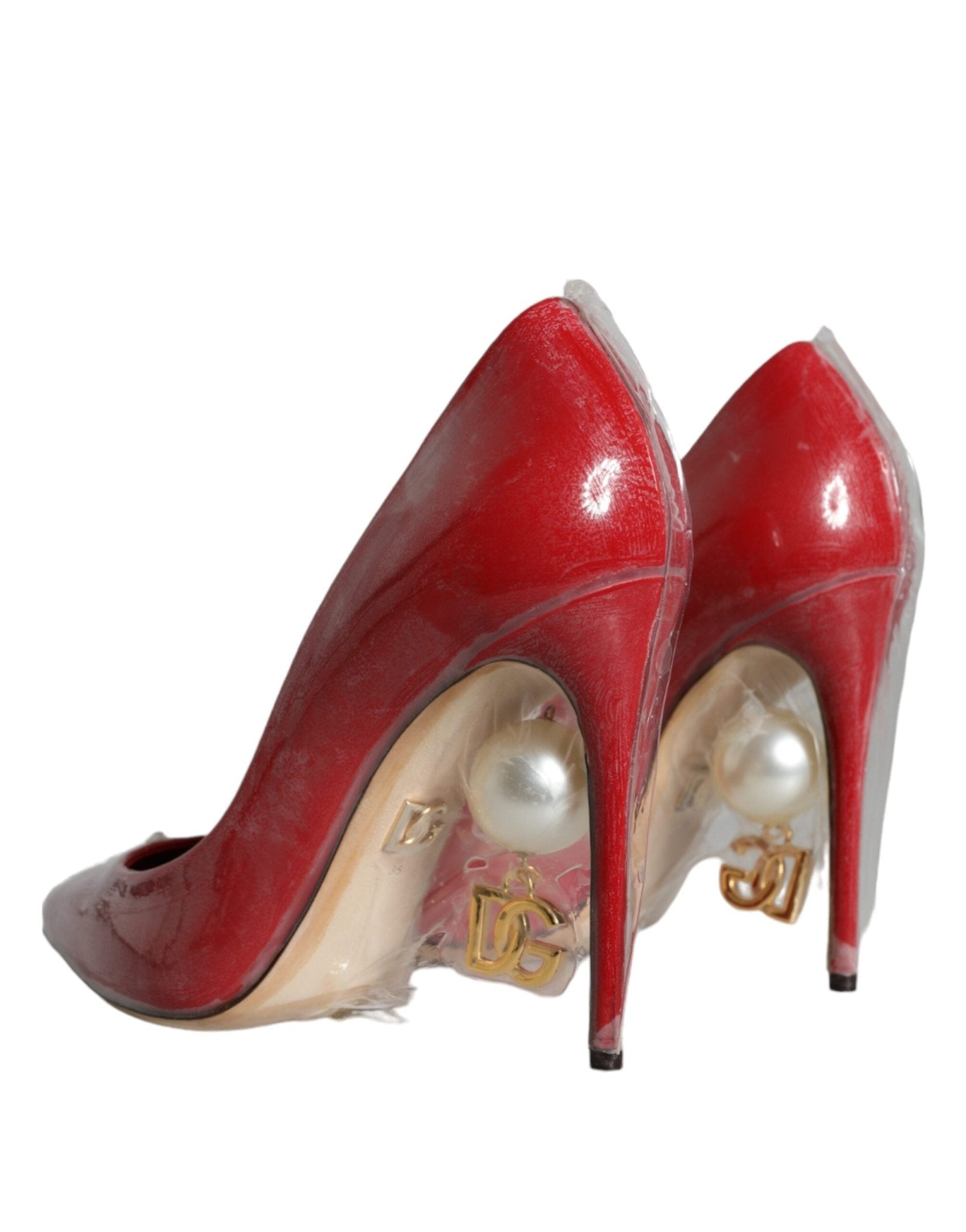 Dolce & Gabbana Red Patent Leather Faux Pearl Heels Pumps Shoes - SMARTMARTNZ