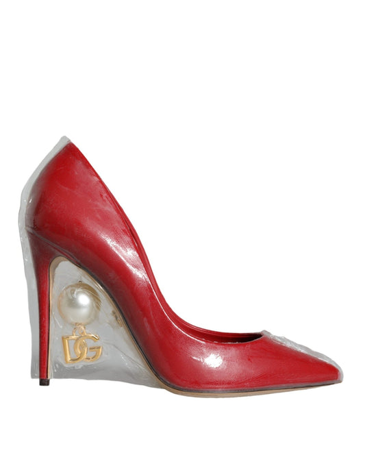 Dolce & Gabbana Red Patent Leather Faux Pearl Heels Pumps Shoes - SMARTMARTNZ
