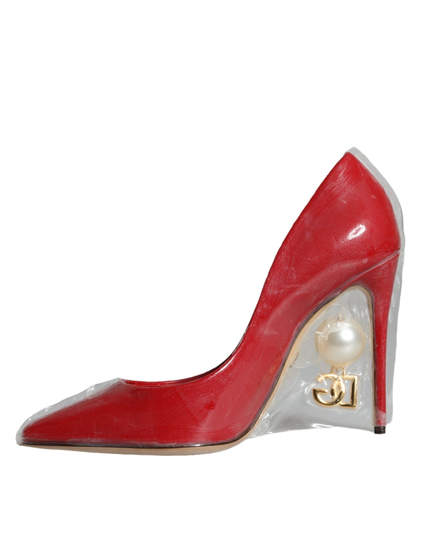 Dolce & Gabbana Red Patent Leather Faux Pearl Heels Pumps Shoes - SMARTMARTNZ