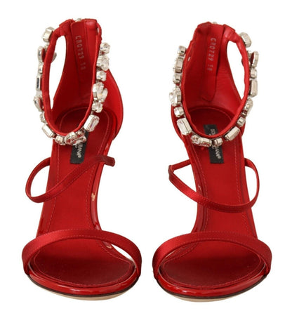 Dolce & Gabbana Red Satin Crystals Sandals Keira Heels Shoes - SMARTMARTNZ
