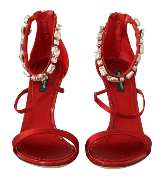 Dolce & Gabbana Red Satin Crystals Sandals Keira Heels Shoes - SMARTMARTNZ