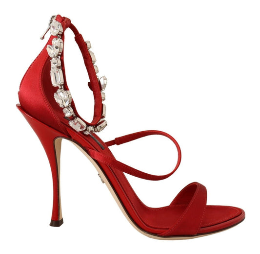 Dolce & Gabbana Red Satin Crystals Sandals Keira Heels Shoes - SMARTMARTNZ