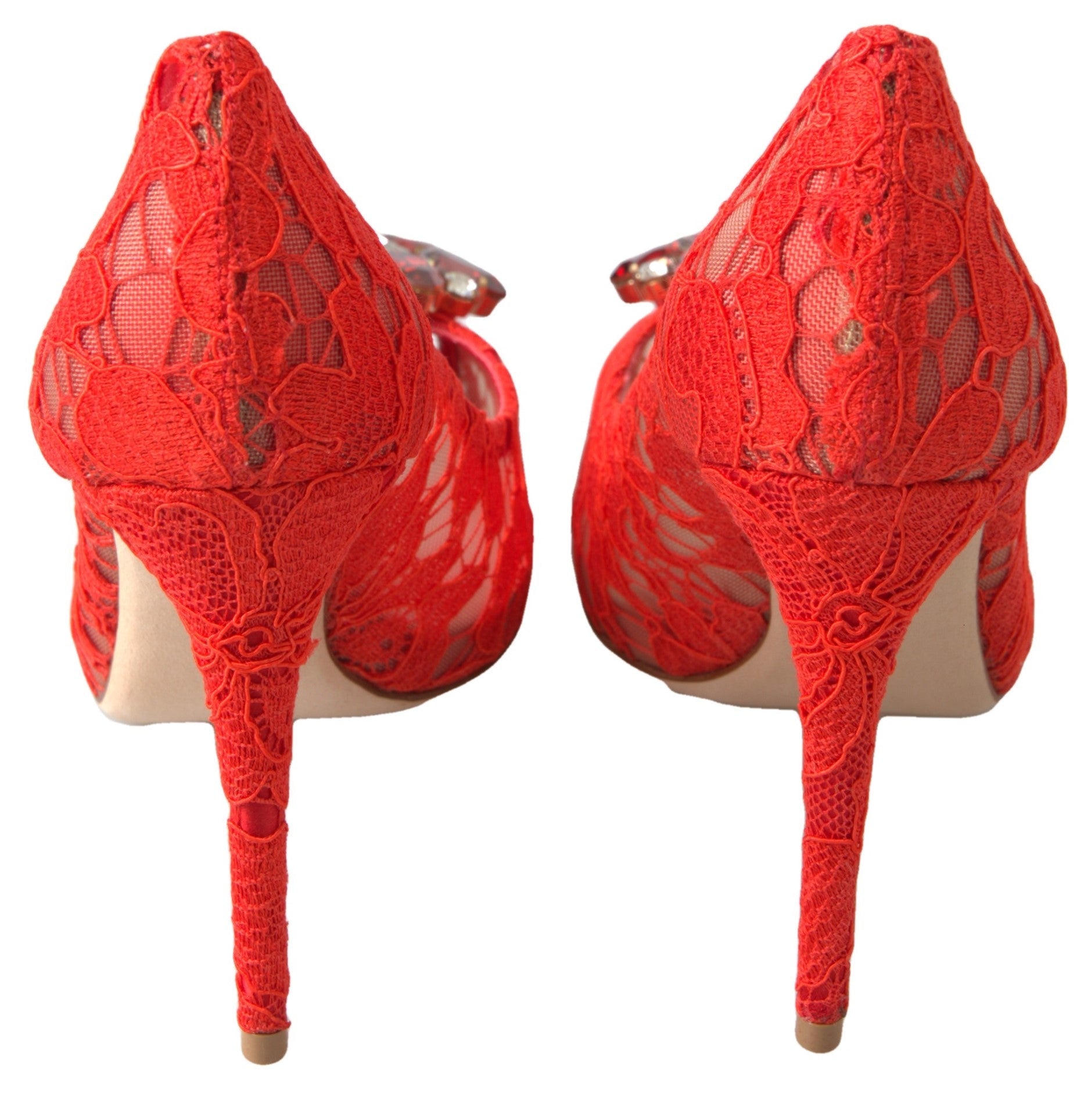 Dolce & Gabbana Red Taormina Lace Crystal Heels Pumps Shoes - SMARTMARTNZ