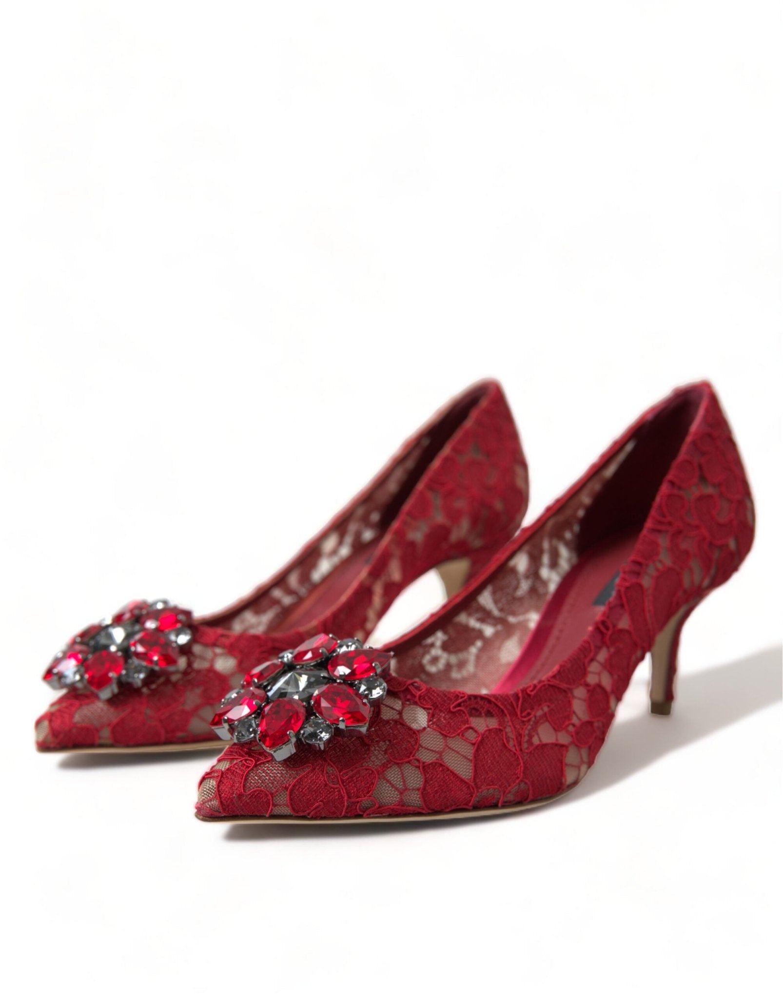 Dolce & Gabbana Red Taormina Lace Crystal Heels Pumps Shoes - SMARTMARTNZ