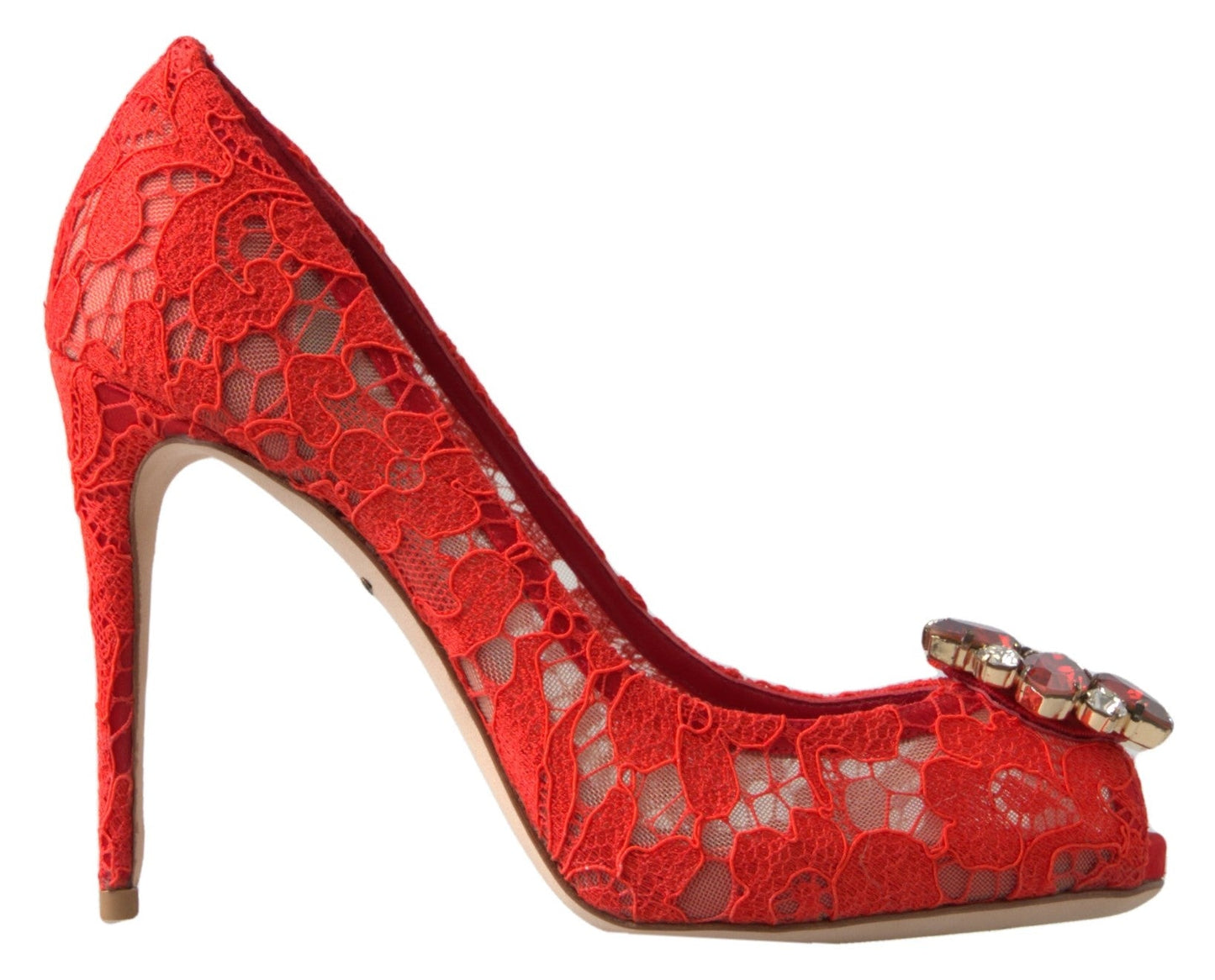 Dolce & Gabbana Red Taormina Lace Crystal Heels Pumps Shoes - SMARTMARTNZ