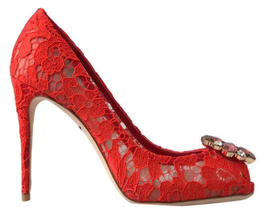 Dolce & Gabbana Red Taormina Lace Crystal Heels Pumps Shoes - SMARTMARTNZ
