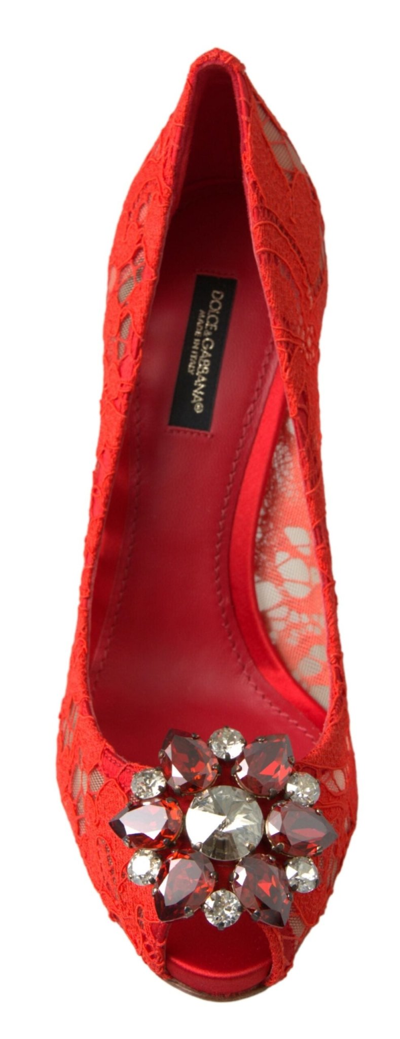Dolce & Gabbana Red Taormina Lace Crystal Heels Pumps Shoes - SMARTMARTNZ