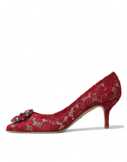 Dolce & Gabbana Red Taormina Lace Crystal Heels Pumps Shoes - SMARTMARTNZ