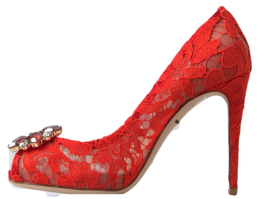 Dolce & Gabbana Red Taormina Lace Crystal Heels Pumps Shoes - SMARTMARTNZ