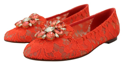 Dolce & Gabbana Red Taormina Lace Crystals Ballet Flats Shoes - SMARTMARTNZ
