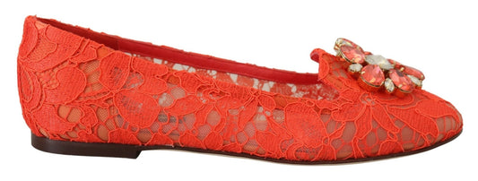 Dolce & Gabbana Red Taormina Lace Crystals Ballet Flats Shoes - SMARTMARTNZ