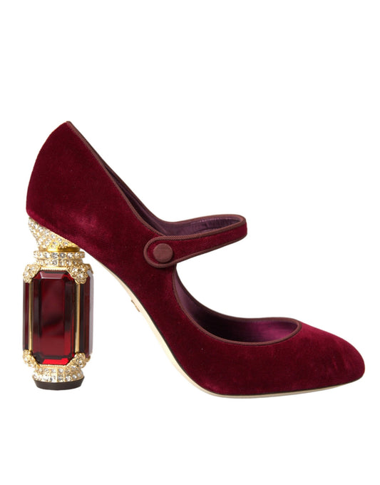 Dolce & Gabbana Red Velvet Gold Crystals Heels Mary Jane Shoes - SMARTMARTNZ