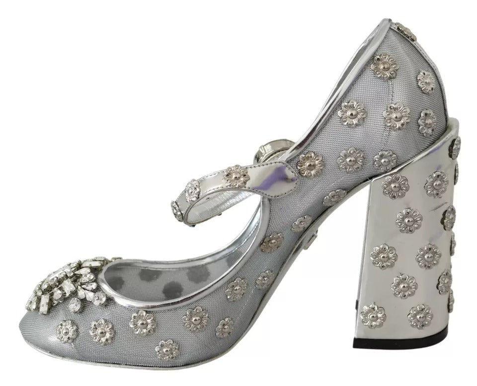 Dolce & Gabbana Silver Crystal Studs Heels Mary Janes Pumps Shoes - SMARTMARTNZ