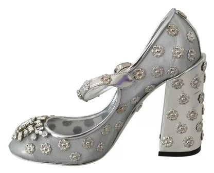 Dolce & Gabbana Silver Crystal Studs Heels Mary Janes Pumps Shoes - SMARTMARTNZ