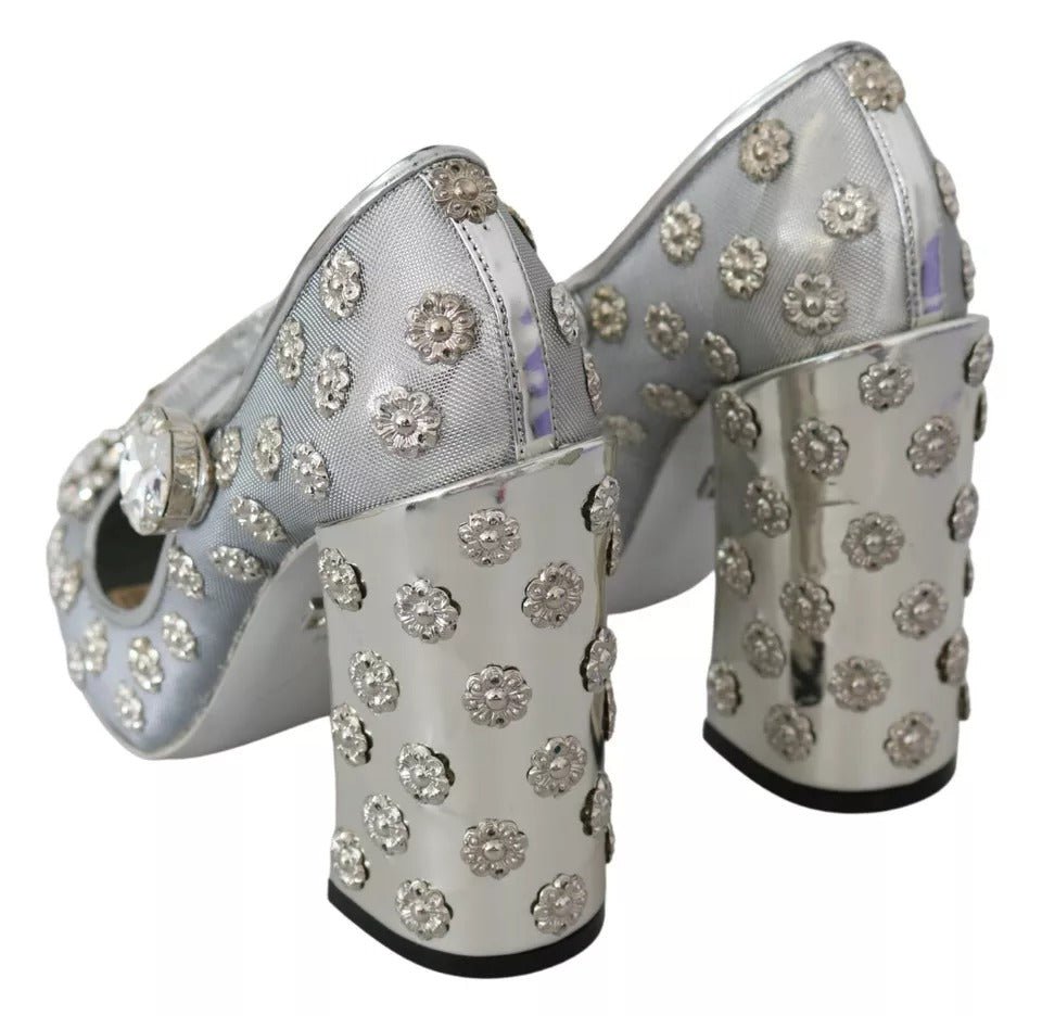 Dolce & Gabbana Silver Crystal Studs Heels Mary Janes Pumps Shoes - SMARTMARTNZ