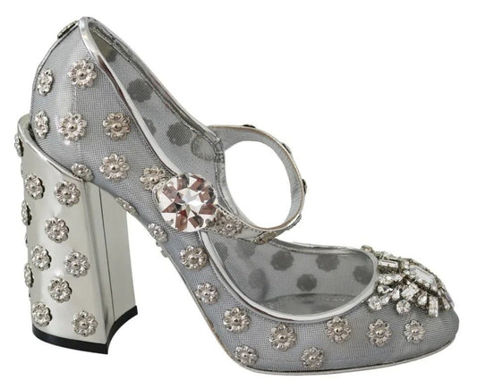 Dolce & Gabbana Silver Crystal Studs Heels Mary Janes Pumps Shoes - SMARTMARTNZ