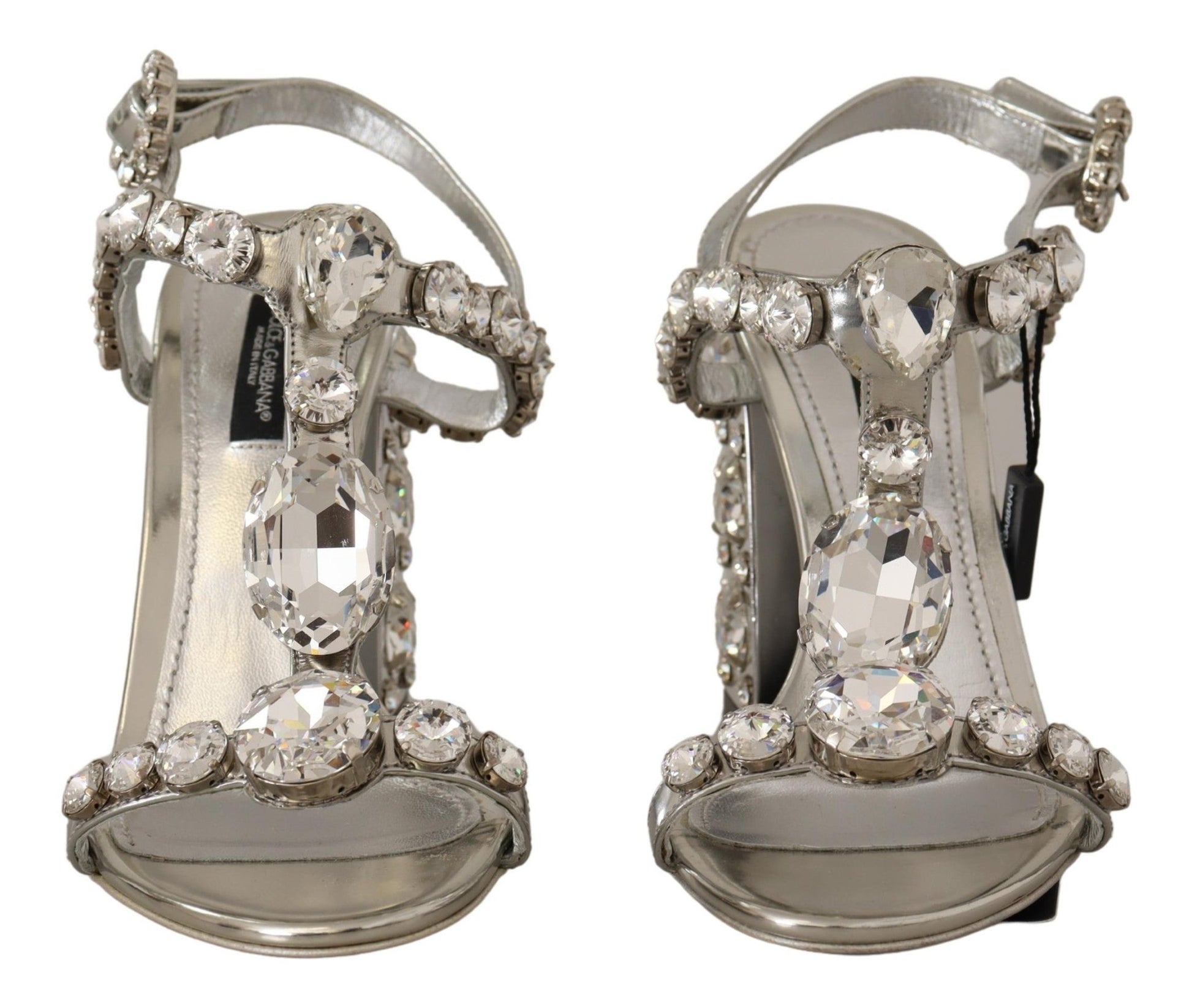 Dolce & Gabbana Silver Crystals Strap Buckle High Heel Sandals - SMARTMARTNZ