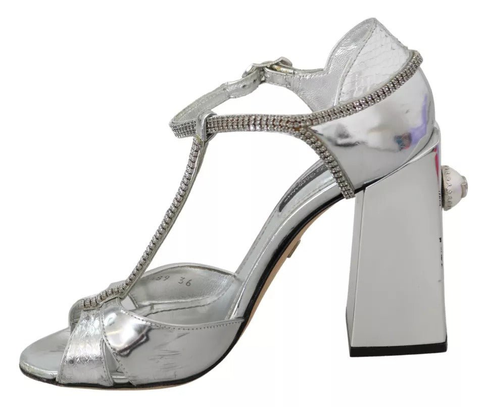 Dolce & Gabbana Silver Crystals T - strap Sandals Leather Shoes - SMARTMARTNZ