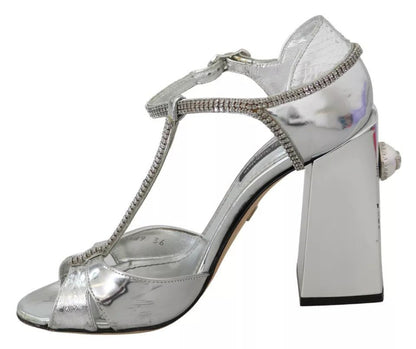 Dolce & Gabbana Silver Crystals T - strap Sandals Leather Shoes - SMARTMARTNZ