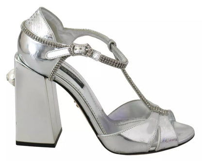 Dolce & Gabbana Silver Crystals T - strap Sandals Leather Shoes - SMARTMARTNZ