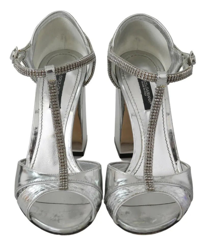 Dolce & Gabbana Silver Crystals T - strap Sandals Leather Shoes - SMARTMARTNZ