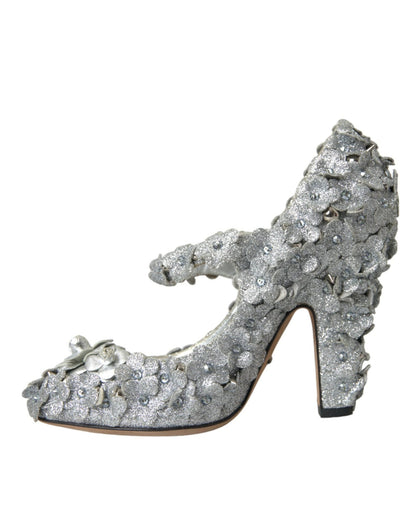 Dolce & Gabbana Silver Floral Crystal Mary Jane Pumps Shoes - SMARTMARTNZ