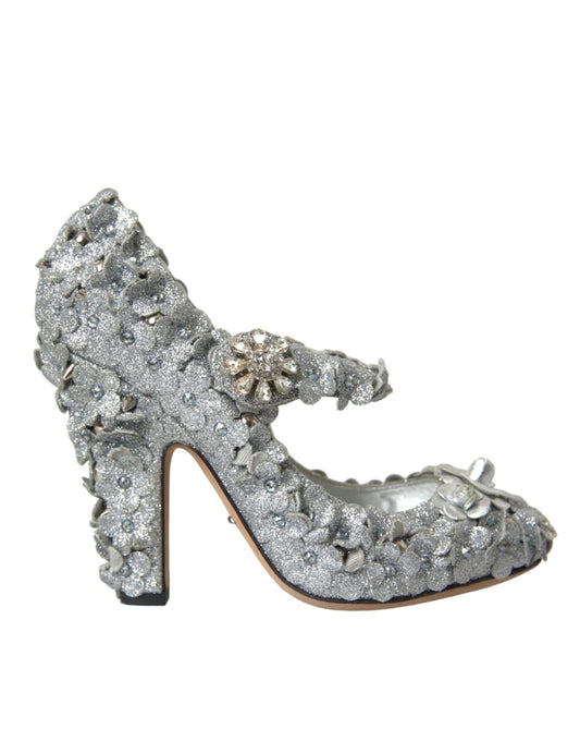 Dolce & Gabbana Silver Floral Crystal Mary Jane Pumps Shoes - SMARTMARTNZ