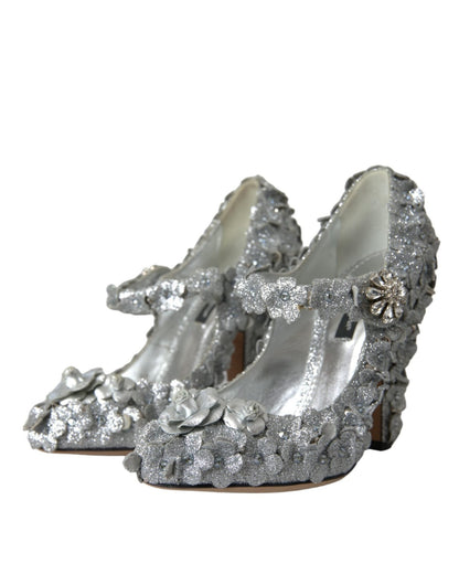 Dolce & Gabbana Silver Floral Crystal Mary Jane Pumps Shoes - SMARTMARTNZ