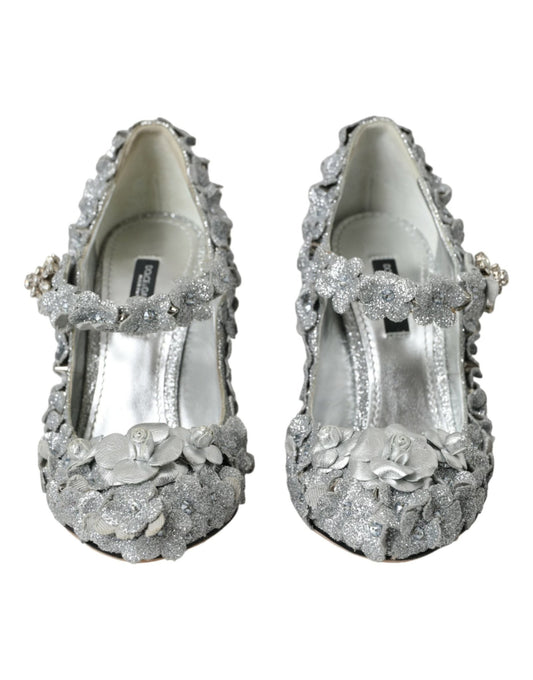 Dolce & Gabbana Silver Floral Crystal Mary Jane Pumps Shoes - SMARTMARTNZ