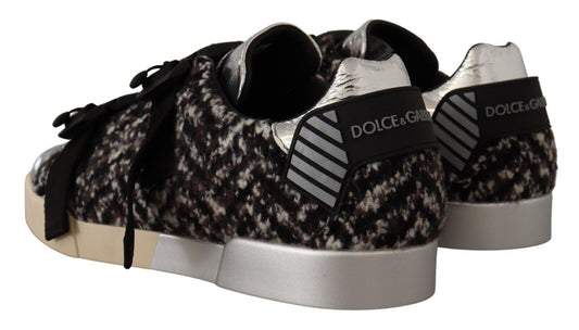 Dolce & Gabbana Silver Leather Brown Cotton Wool Sneakers Shoes - SMARTMARTNZ