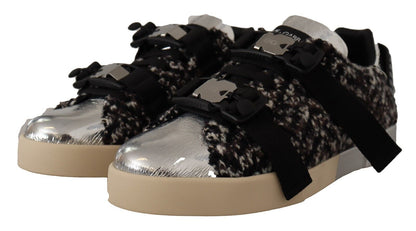 Dolce & Gabbana Silver Leather Brown Cotton Wool Sneakers Shoes - SMARTMARTNZ