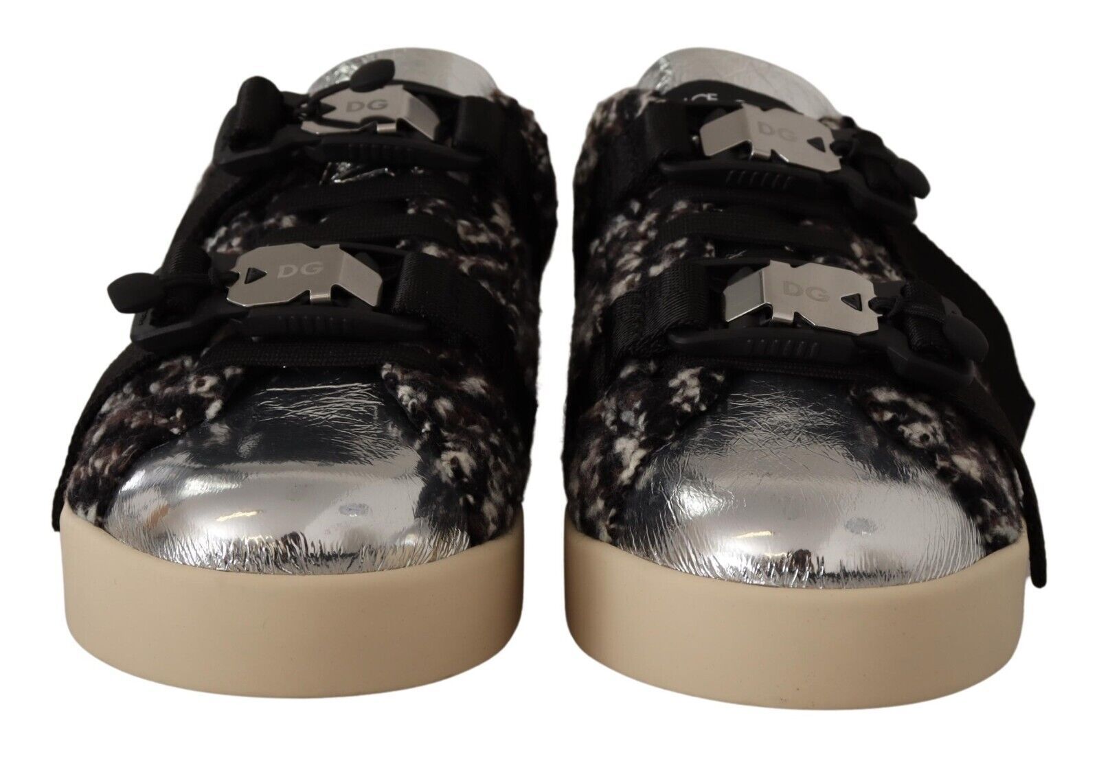 Dolce & Gabbana Silver Leather Brown Cotton Wool Sneakers Shoes - SMARTMARTNZ